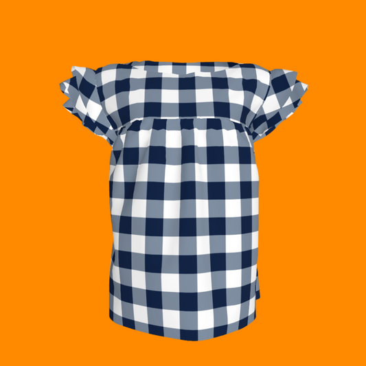 Ruffled Sleeve Top in Navy Gingham