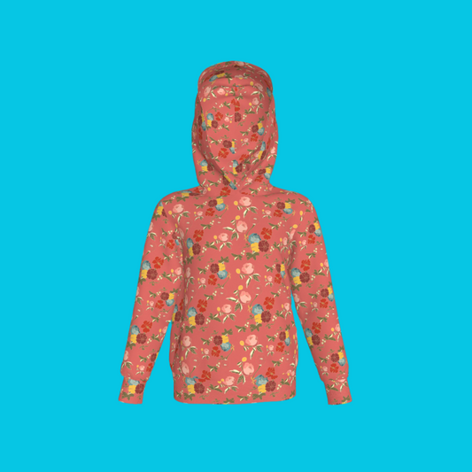 Kid's Pullover Hoodie in Belle Flowers Pink in Fleece Back Stretch Organic Terry