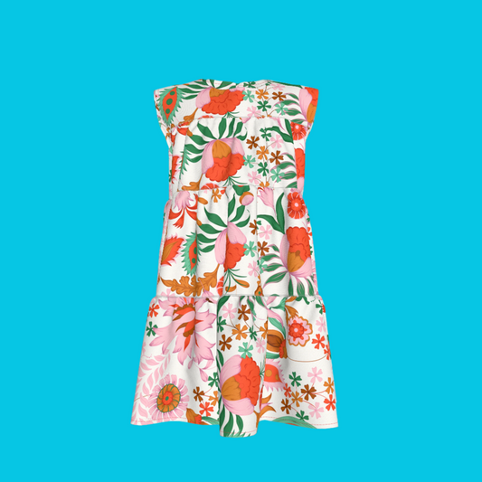 Kid's Ruffle Dress in Ecru Dutch Blossoms
