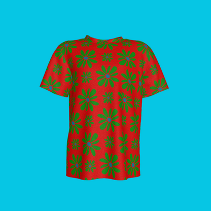 Kid's Pocket T-Shirt in Flower Bloom Red & Green in Cotton Spandex Lightweight Jersey