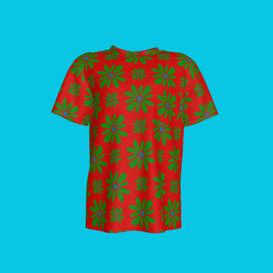 Kid's Pocket T-Shirt in Flower Bloom Red & Green in Cotton Spandex Lightweight Jersey