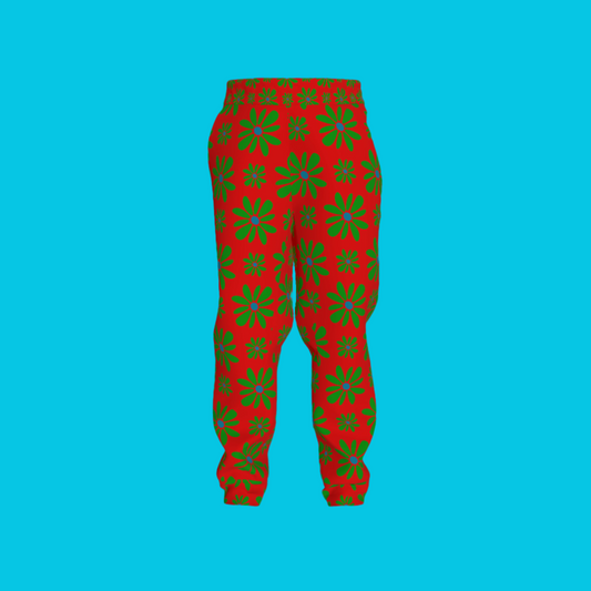 Kid's Jogger in Flower Bloom Red & Bright Green in Heavy French Terry White