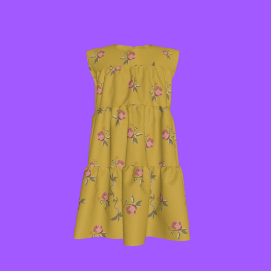 Kid's Ruffle Dress in Belle Bloom in Yellow in Light Cotton Slub