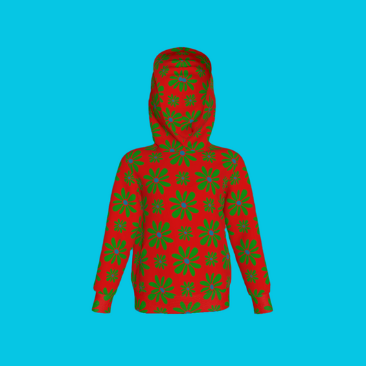 Kid's Pullover Hoodie in Flower Bloom Red & Bright Green in Fleece Back Stretch Organic Terry