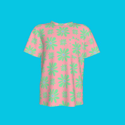 Kid's Pocket T-Shirt in Flower Bloom Pink & Light Green in Cotton Spandex Lightweight Jersey