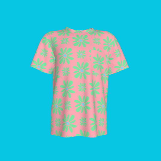 Kid's Pocket T-Shirt in Flower Bloom Pink & Light Green in Cotton Spandex Lightweight Jersey