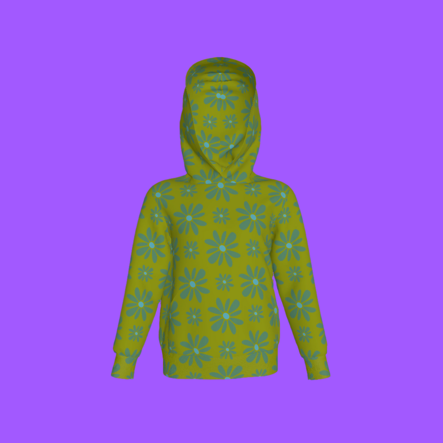 Kid's Pullover Hoodie in Flower Bloom in Green in Fleece Back Stretch Organic Terry