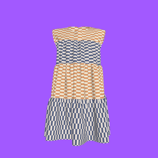 Blue & Yellow Gingham Mix Ruffle Dress with Lining
