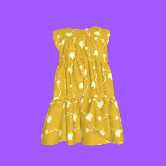 Kid's Ruffle Dress With Lining in Sprinkle Flowers Yellow in Light Cotton Slub