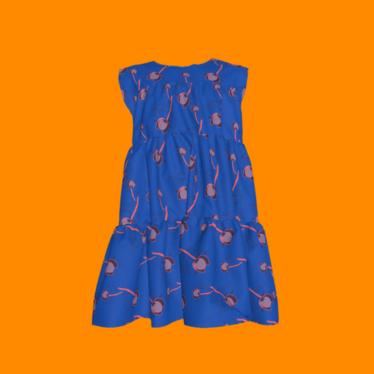 Kid's Ruffle Dress With Lining in Sprinkle Flowers in Blue in Light Cotton Slub