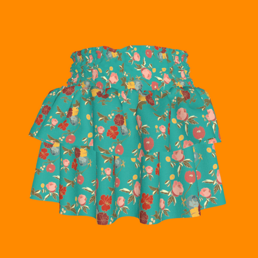 Kid's Smocked Skirt in Belle Flowers Bright Blue in Light Cotton Slub