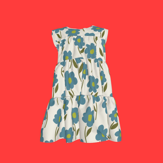 Blue Floral Ruffle Dress with Lining