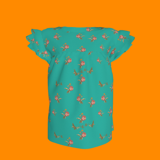 Kid's Ruffled Sleeve Top in Belle Bloom Bright Blue in Light Cotton Slub