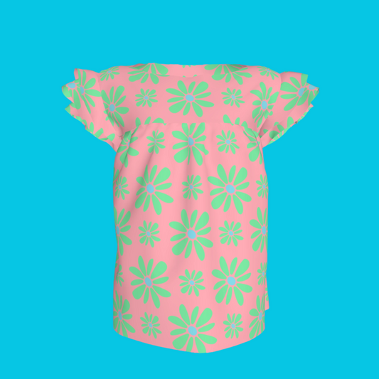 Kid's Ruffled Sleeve Top Flower Bloom in Pink & Bright Green in Light Cotton Slub