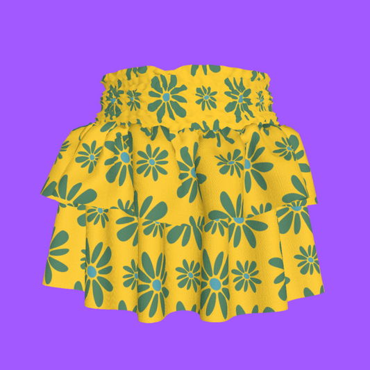 Kid's Smocked Skirt in Flower Bloom in Yellow & Acqua in Light Cotton Slub
