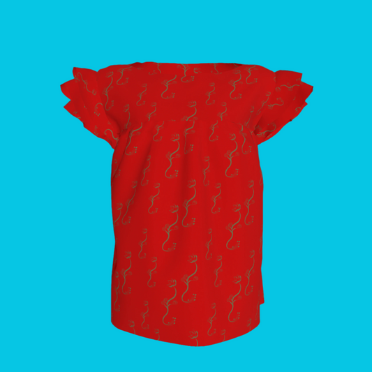 Kid's Ruffled Sleeve Top Bloom Red in Light Cotton Slub
