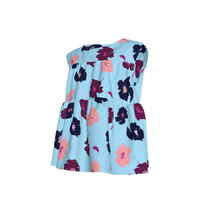 Kid's Sleeveless Ruffle Top in Light Blue Poppies