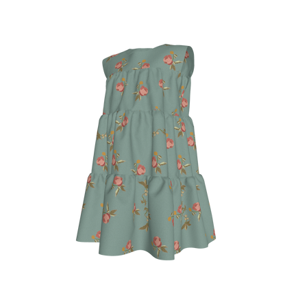 Kid's Ruffle Dress in Belle Bloom in Light Blue in Light Cotton Slub