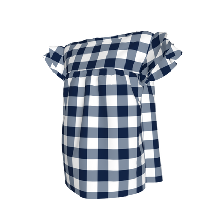 Ruffled Sleeve Top in Navy Gingham