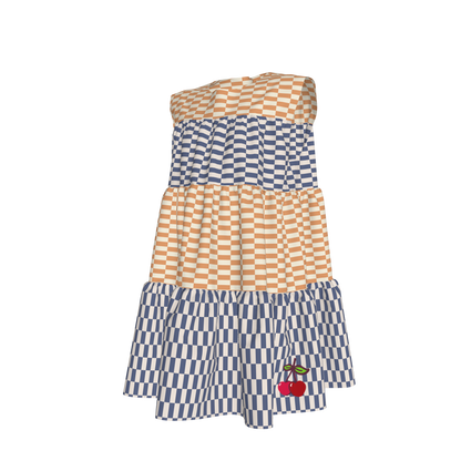 Blue & Yellow Gingham Mix Ruffle Dress with Lining