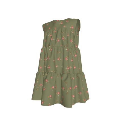 Kid's Ruffle Dress in Belle Bloom in Green in Light Cotton Slub
