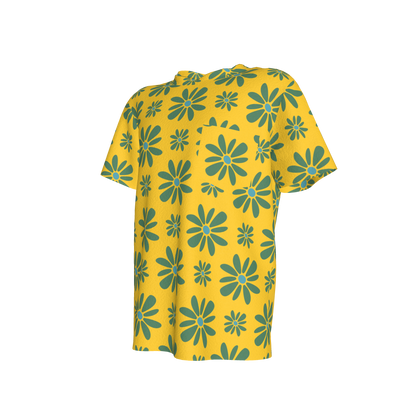 Kid's Pocket T-Shirt in Flower Bloom Yellow & Acqua in Cotton Spandex Lightweight Jersey