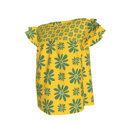 Kid's Ruffled Sleeve Top in Flower Bloom in Yellow & Acqua in Light Cotton Slub