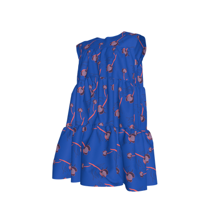 Kid's Ruffle Dress With Lining in Sprinkle Flowers in Blue in Light Cotton Slub