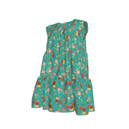 Kid's Ruffle Dress With Lining in Belle Flowers in Bright Blue in Light Cotton Slub