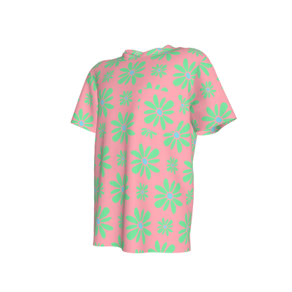 Kid's Pocket T-Shirt in Flower Bloom Pink & Light Green in Cotton Spandex Lightweight Jersey