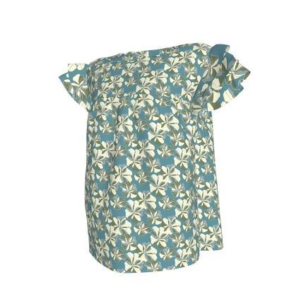 Kid's Ruffled Sleeve Top in Tropical Cayena Acqua in Light Cotton Slub