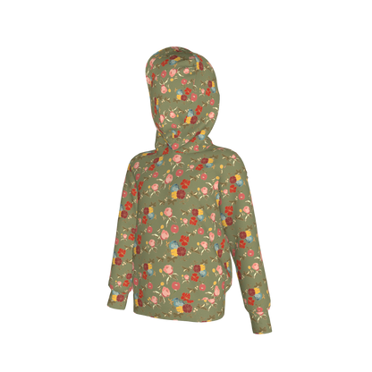 Kid's Pullover Hoodie in Belle Flowers Green in Fleece Back Stretch Organic Terry