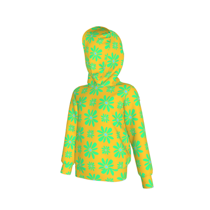 Kid's Pullover Hoodie in Flower Bloom in Yellow & Bright Green in Fleece Back Stretch Organic Terry