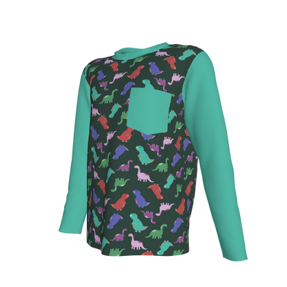 Teal Dino Party Long Sleeve Pocket T-Shirt