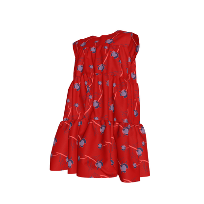 Kid's Ruffle Dress With Lining in Sprinkle Flowers Red in Light Cotton Slub