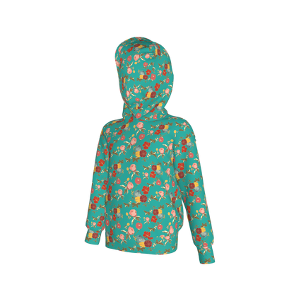 Kid's Pullover Hoodie in Belle Flowers Bright Blue in Fleece Back Stretch Organic Terry