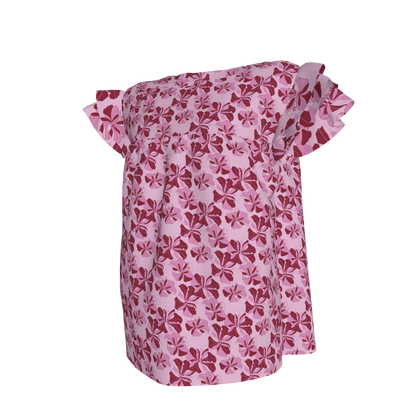 Kid's Ruffled Sleeve Top in Tropical Cayena Pink in Light Cotton Slub