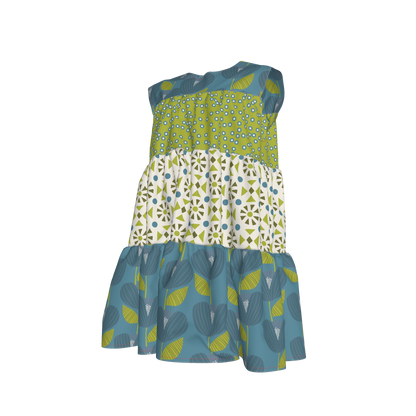 Teal, White & Green Ruffle Dress with Lining