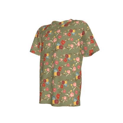 Kid's Pocket T-Shirt in Belle Flowers Green in Cotton Spandex Lightweight Jersey
