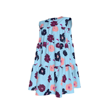 Kid's Ruffle Dress With Lining in Light Blue Poppies