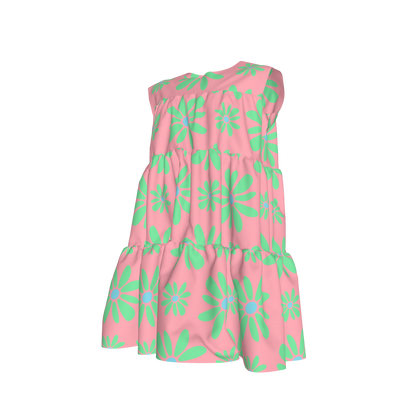 Kid's Ruffle Dress with Lining in Flower Bloom Pink & Light Green in Cotton Spandex Lightweight Jersey