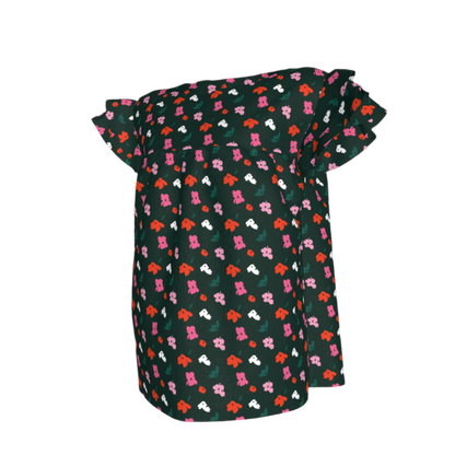 Kid's Ruffled Sleeve Top in Evergreen Painted Poppies