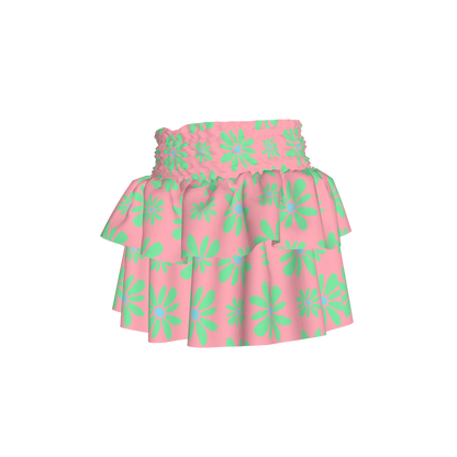 Kid's Smocked Skirt in Flower Bloom in Pink and Bright Green in Light Cotton Slub