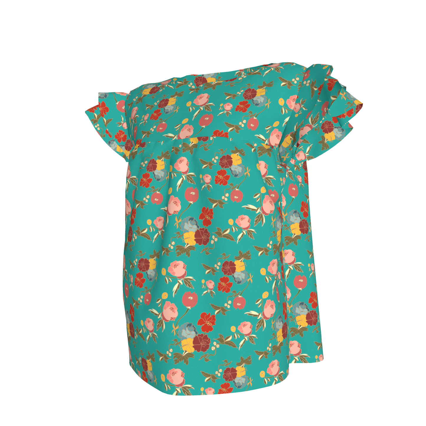 Kid's Ruffled Sleeve Top in Belle Flowers Bright Blue in Light Cotton Slub