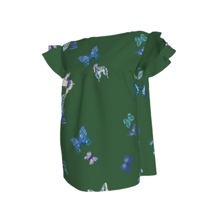 Kid's Ruffled Sleeve Top in Emerald Fluttering Butterflies