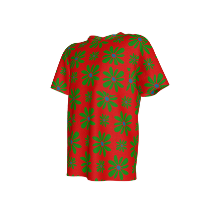 Kid's Pocket T-Shirt in Flower Bloom Red & Green in Cotton Spandex Lightweight Jersey