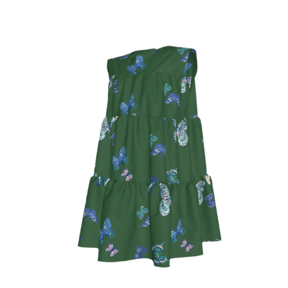 Kid's Ruffle Dress With Lining in Emerald Fluttering Butterflies