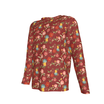 Kid's Long Sleeve T-Shirt in Belle Flowers Red in Cotton Spandex Lightweight Jersey