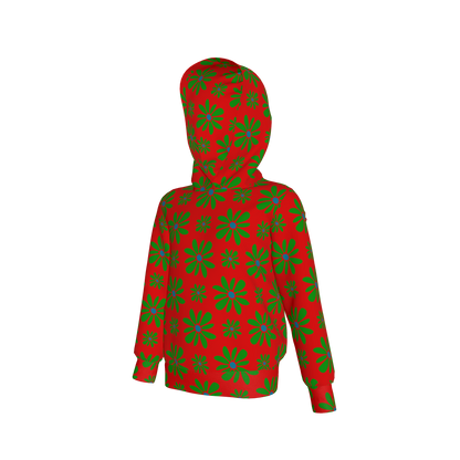 Kid's Pullover Hoodie in Flower Bloom Red & Bright Green in Fleece Back Stretch Organic Terry