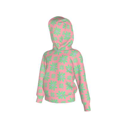 Kid's Pullover Hoodie in Flower Bloom in Pink & Light Green in Fleece Back Stretch Organic Terry